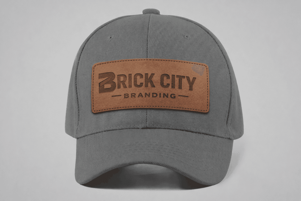 A charcoal grey baseball cap featuring a rectangular tan leather patch with the Brick City Branding logo laser-engraved in the center.