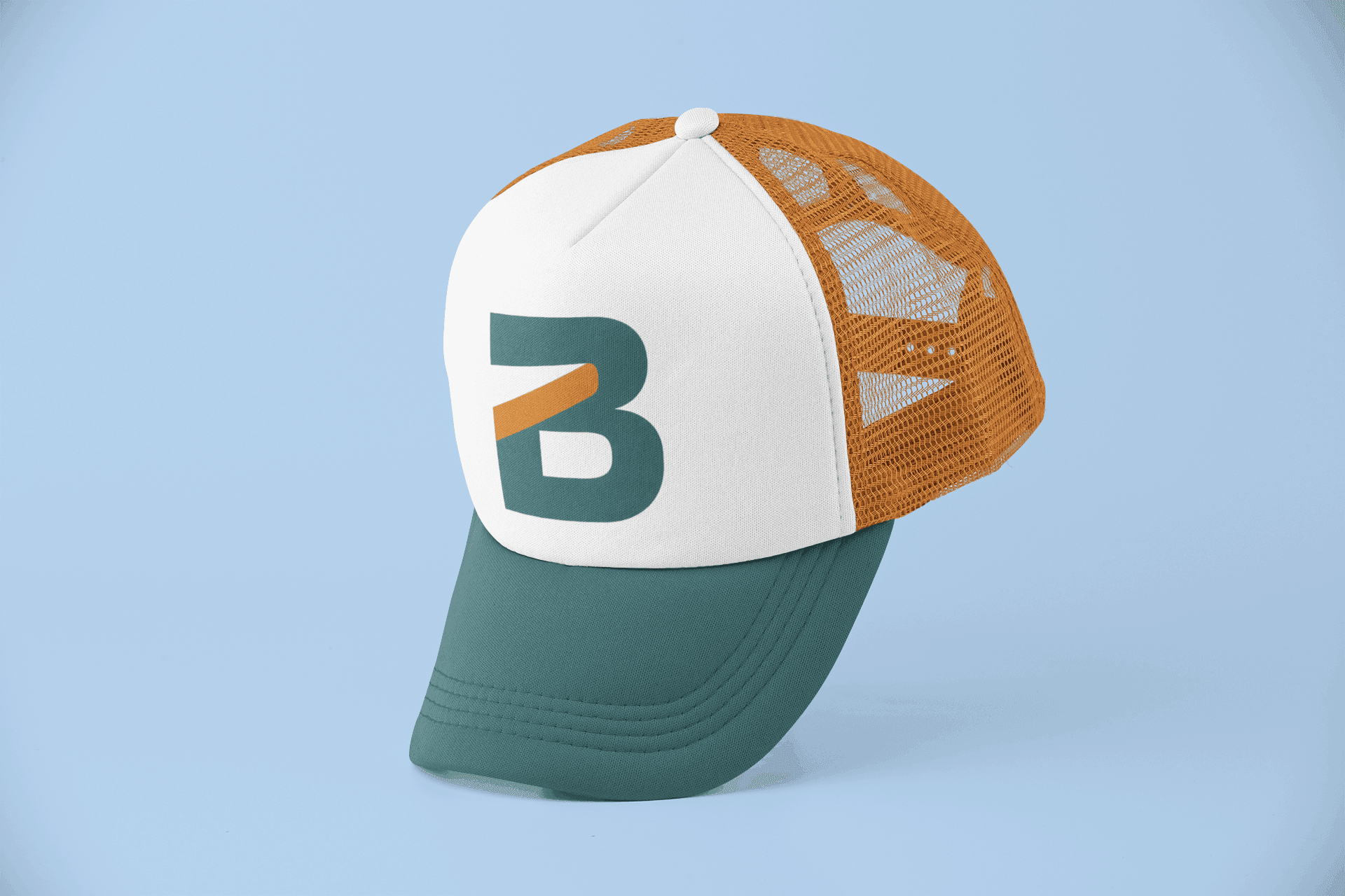 A two-tone trucker hat with a teal brim, white front panel featuring a large Brick City Branding 