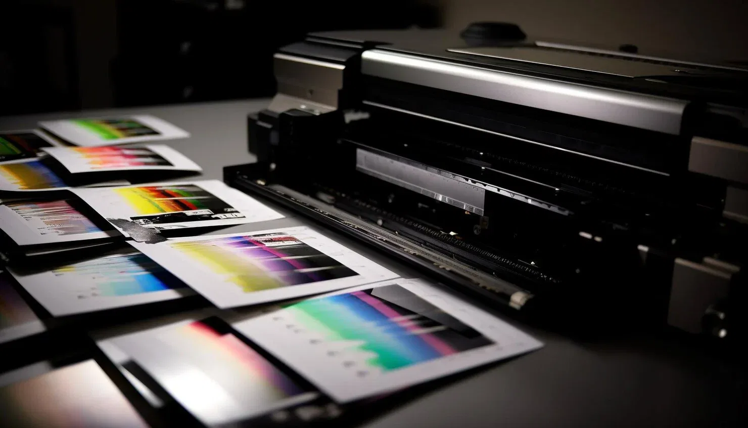 A professional large-format inkjet printer producing high-quality color spectrum test prints on a dark desk.