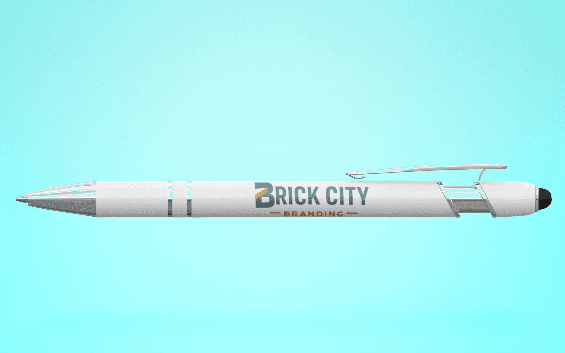 A white 2-in-1 ballpoint pen and capacitive stylus featuring the Brick City Branding logo, designed with silver accents and a black rubber stylus tip.