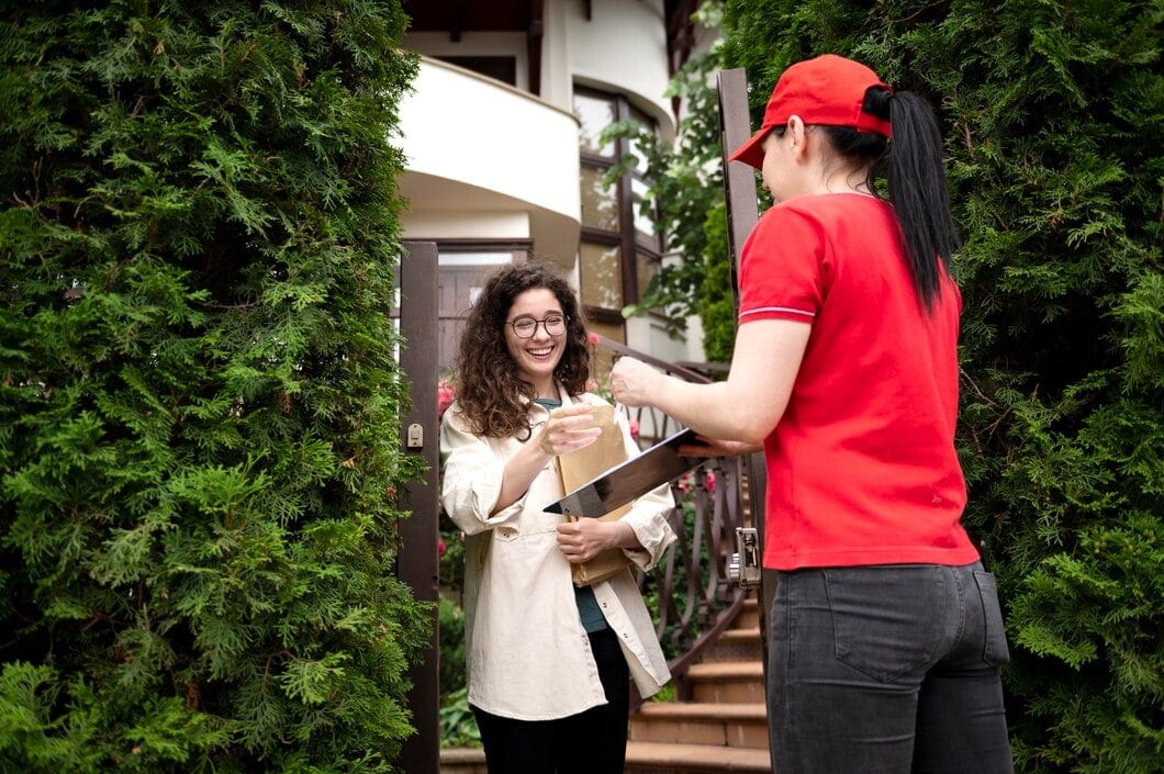 A friendly courier in a red uniform handing over a package and a clipboard for signature to a smiling customer at her doorstep.