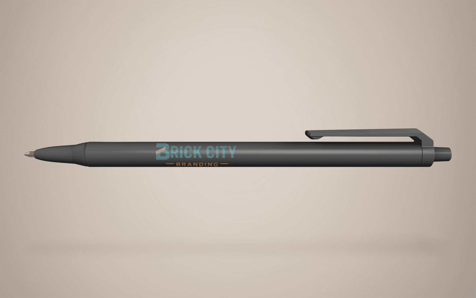 A sleek matte charcoal grey plastic retractable pen featuring the Brick City Branding logo on the barrel, shown against a neutral background.