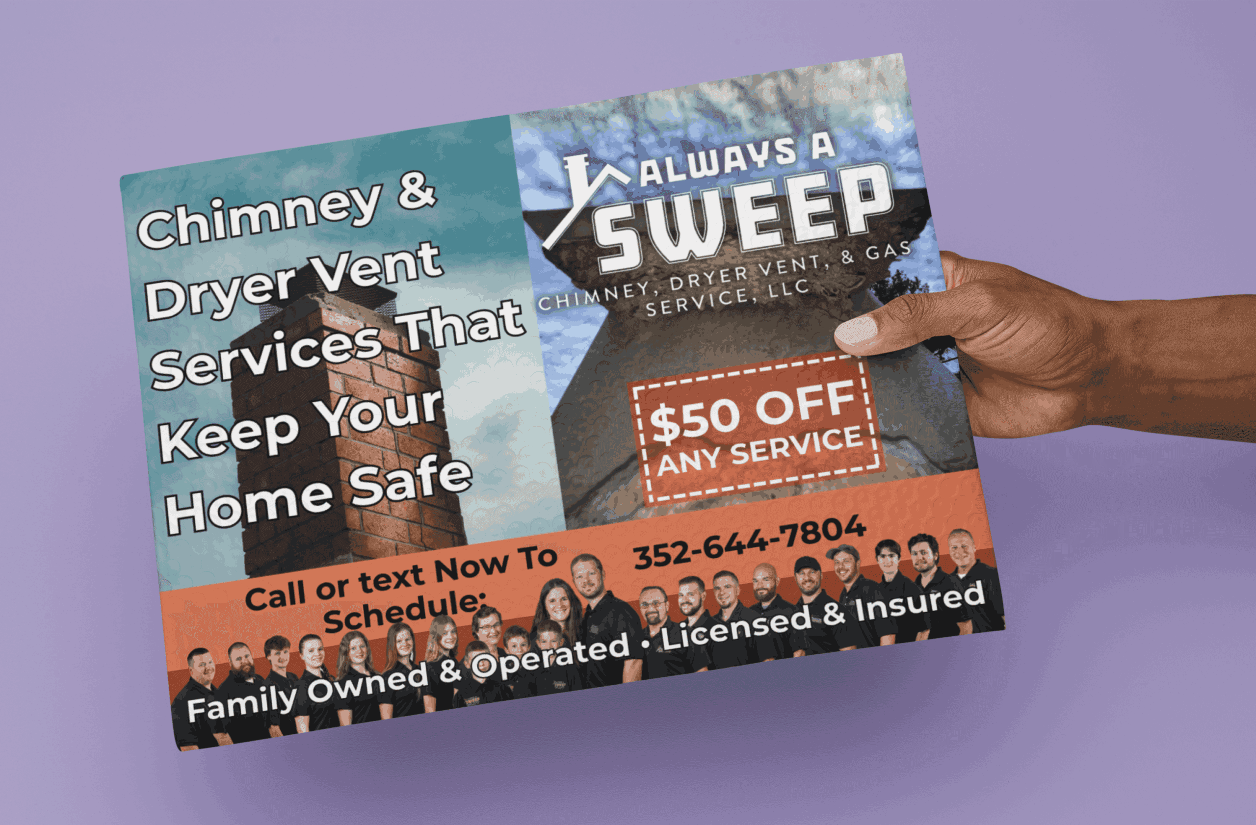 A hand holding a large, full-color Every Door Direct Mail (EDDM) postcard for 