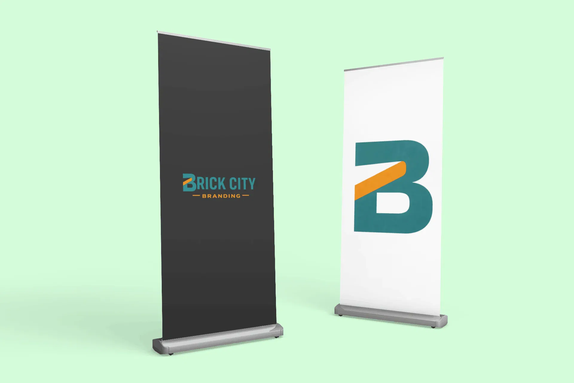 A vertical white pop-up A-frame sidewalk sign featuring the Brick City Branding logo, standing on a modern grey tile floor in a bright retail environment.
