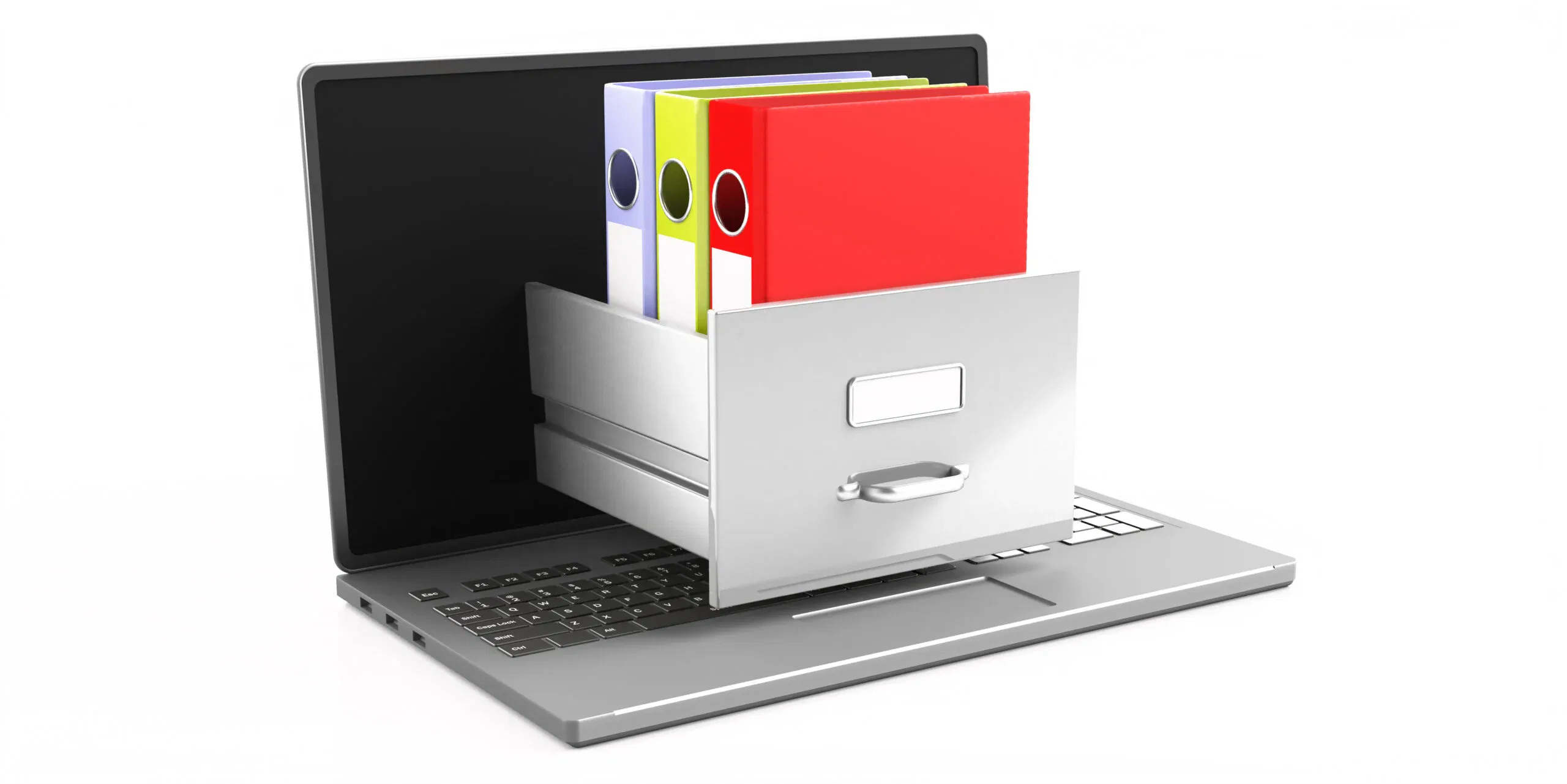 A 3D conceptual illustration of a laptop with a filing cabinet drawer emerging from the screen containing colorful binders, symbolizing digital storage and organization.