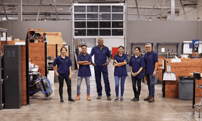 A diverse group of six warehouse employees standing together and smiling in a large industrial facility, wearing matching navy blue polo shirts and casual work attire.