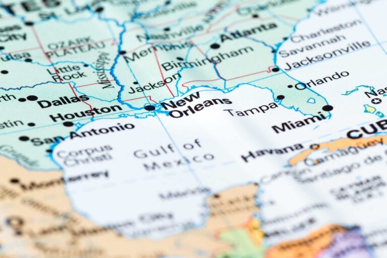 A detailed map of the Southeastern United States highlighting major hubs like Orlando, FL, and New Orleans, illustrating the extensive regional service area for multi-state business operations.