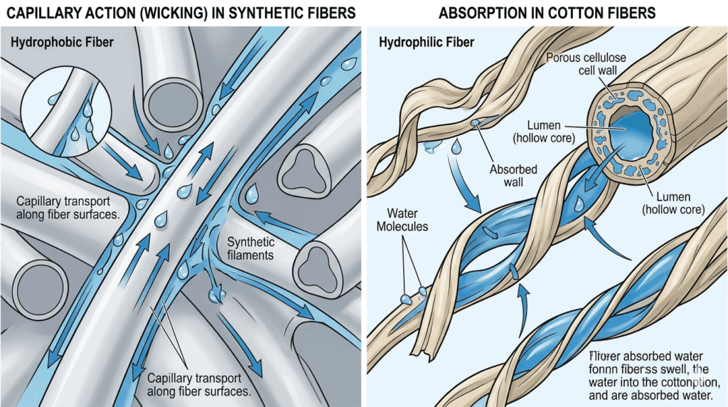 A side-by-side scientific illustration comparing capillary action (wicking) in hydrophobic synthetic filaments and moisture absorption in hydrophilic cotton fibers, showing the hollow lumen and porous cell walls of cotton.