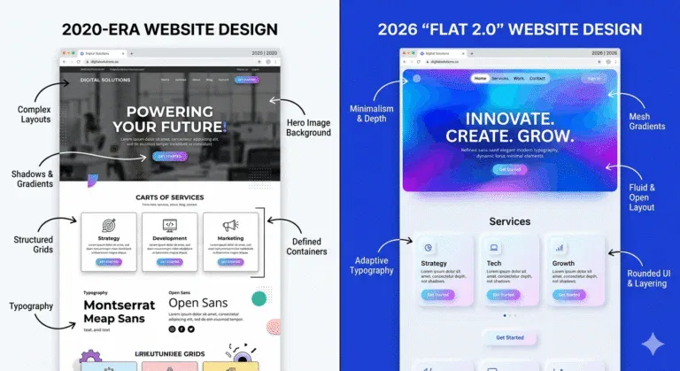 An infographic comparing a 2020-era complex website layout with a 2026 Flat 2.0 design featuring mesh gradients and rounded UI, representing web development in Orlando, FL.