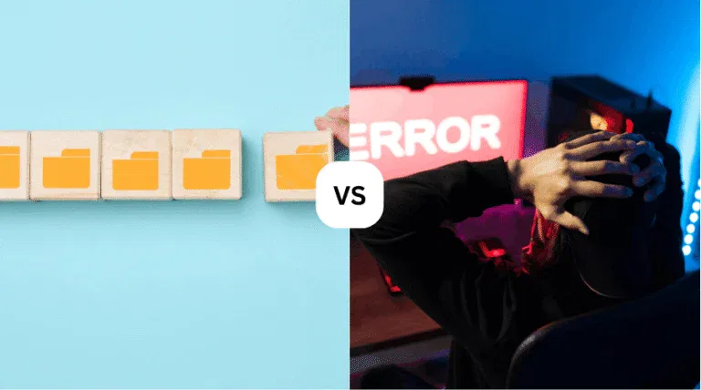 A split-screen comparison showing organized wooden blocks with folder icons versus a frustrated person facing a computer error screen, representing data management services in Orlando, FL.