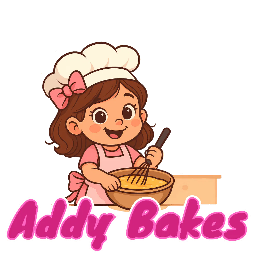 A cute cartoon logo for Addy Bakes featuring a young girl wearing a chef's hat with a pink bow, whisking batter in a bowl, with 