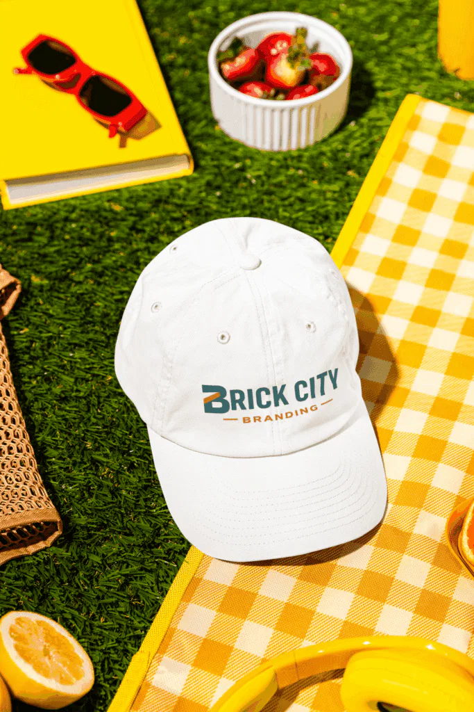 A white embroidered "Brick City Branding" dad hat resting on a yellow checkered picnic blanket alongside strawberries, lemons, and red sunglasses on green grass.