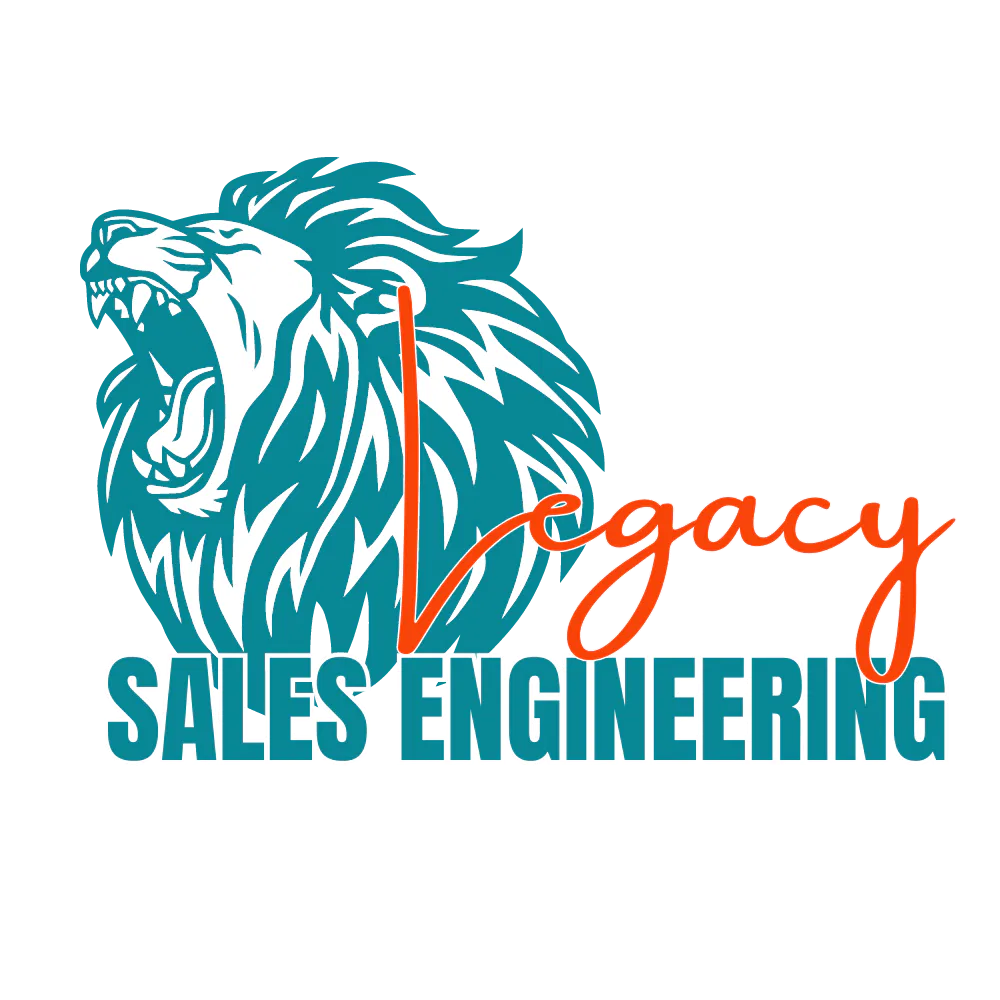 A teal and orange logo for Legacy Sales Engineering featuring a detailed illustration of a roaring lion's head with script and bold block typography.