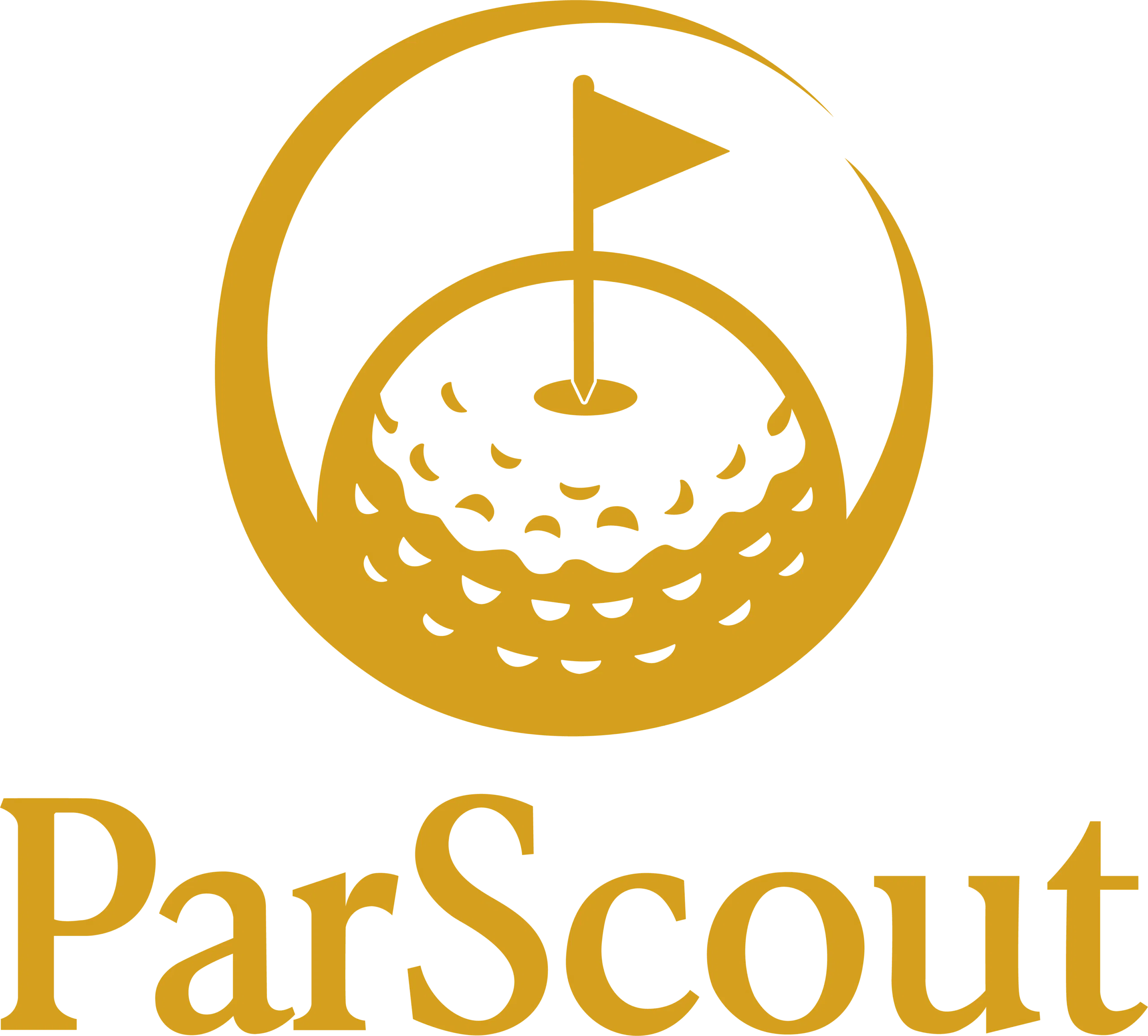 A gold-colored logo for ParScout featuring a golf ball and a flag pin inside a circular swoosh, with 